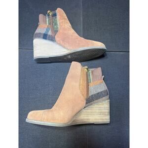 Toms Sadie Boots Brown Suede Plaid Ankle‎ Wedge Bootie Size 6.5